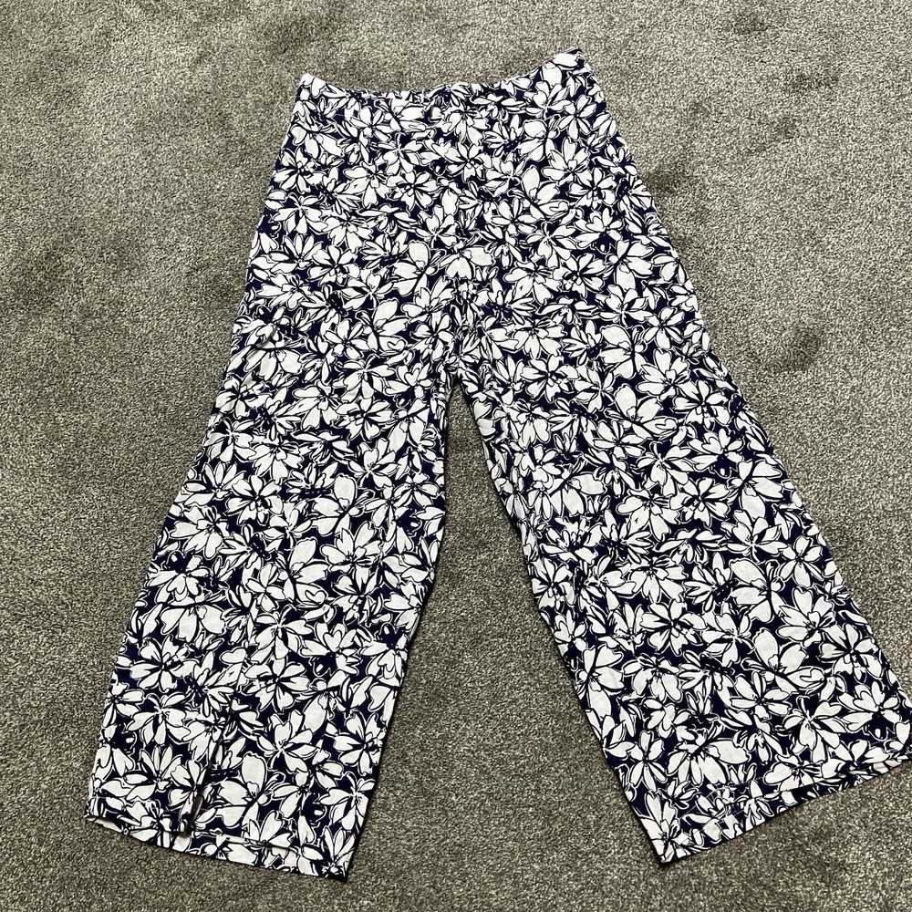 Tahari Women's Size Large Blue White Floral Linen Wide-Leg Cropped Pull On Pants